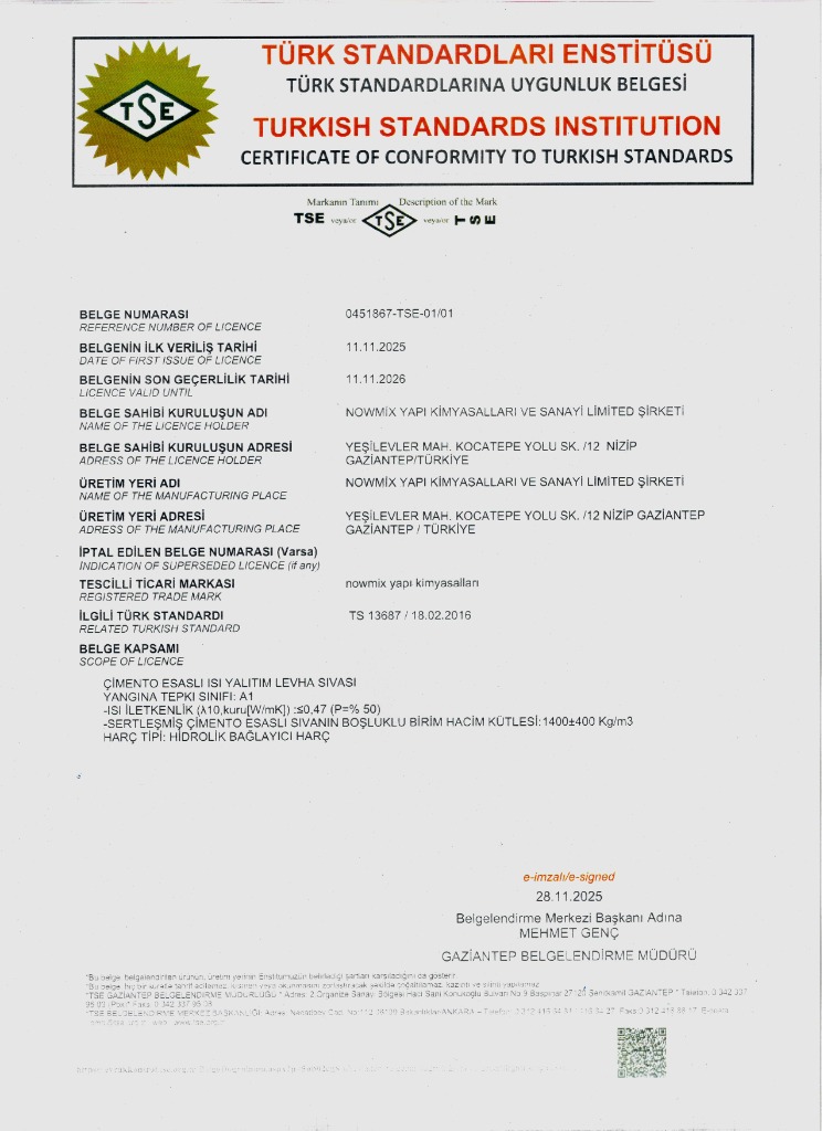 TSE Belgesi - Levha Sıvası